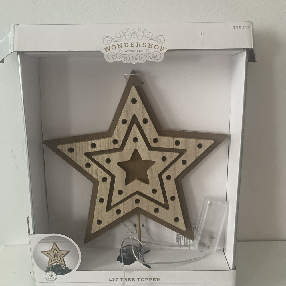 Wondershop Lit Star Tree Topper Indoor Easy Clip Rustic Light Wood Battery